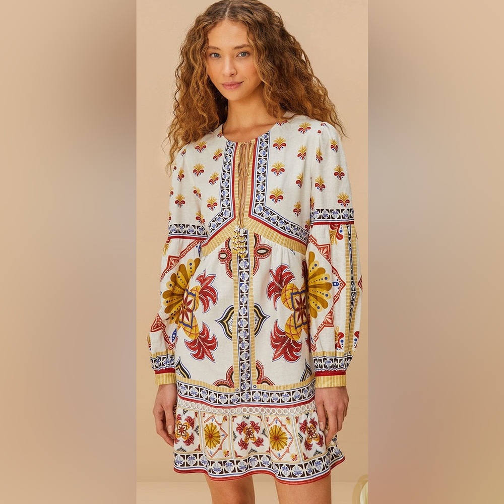 Farm Rio Off-White Bright Multi Tile Print Lightweight Long Sleeve Mini Dress: M - Picture 6 of 13